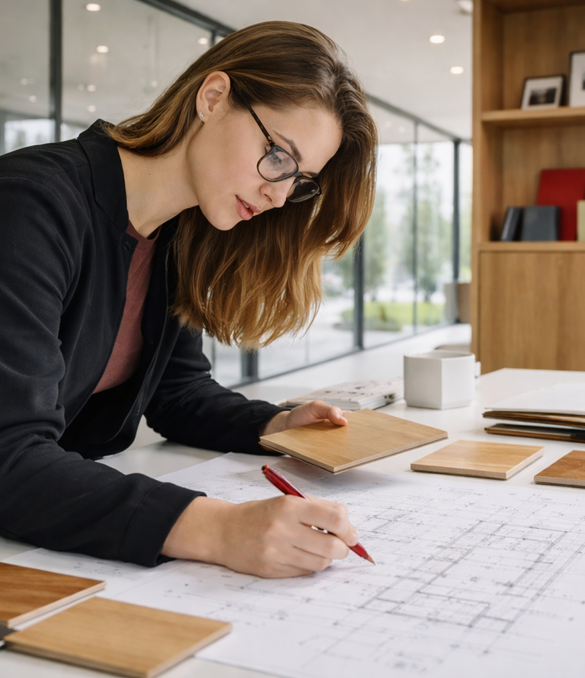 Interior designer reviewing finish samples over an architectural plan