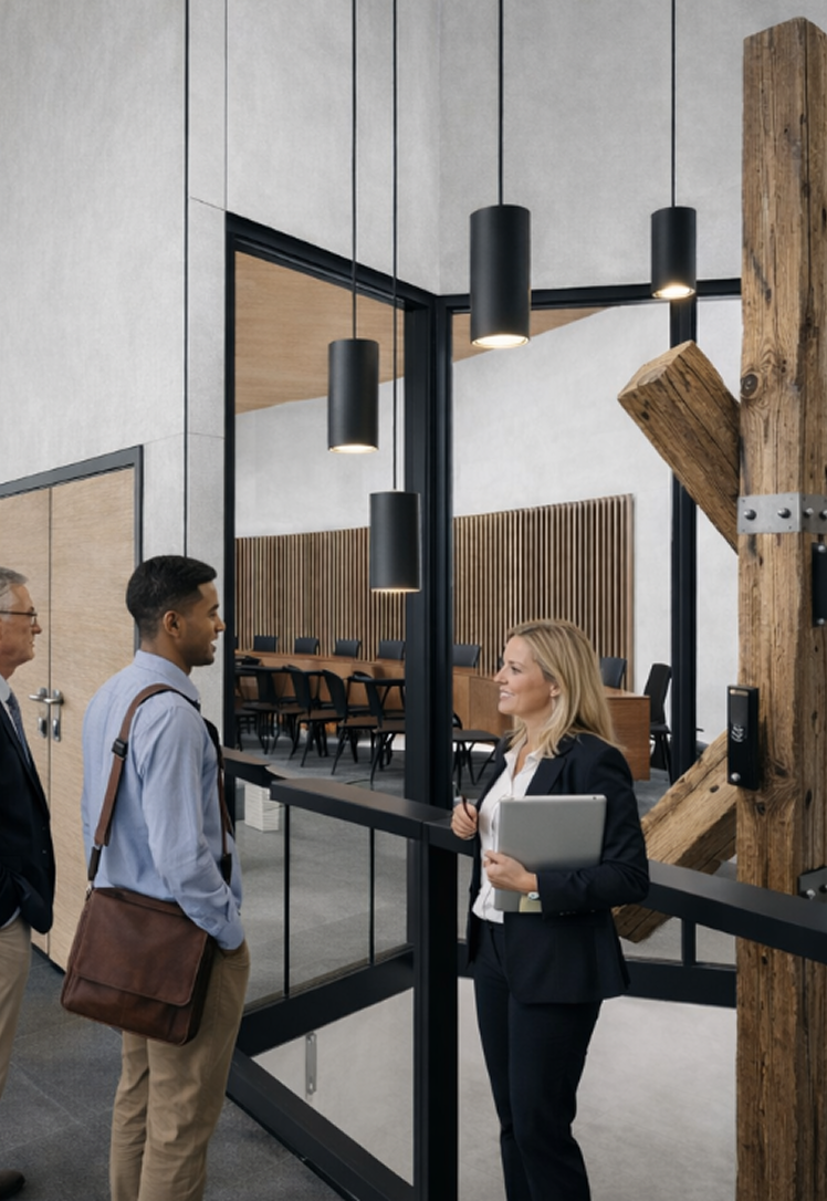 Professionals meeting beside a timber-framed conference room interior