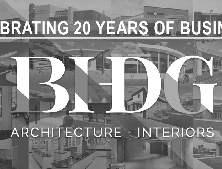 BHDG anniversary graphic over an architectural background